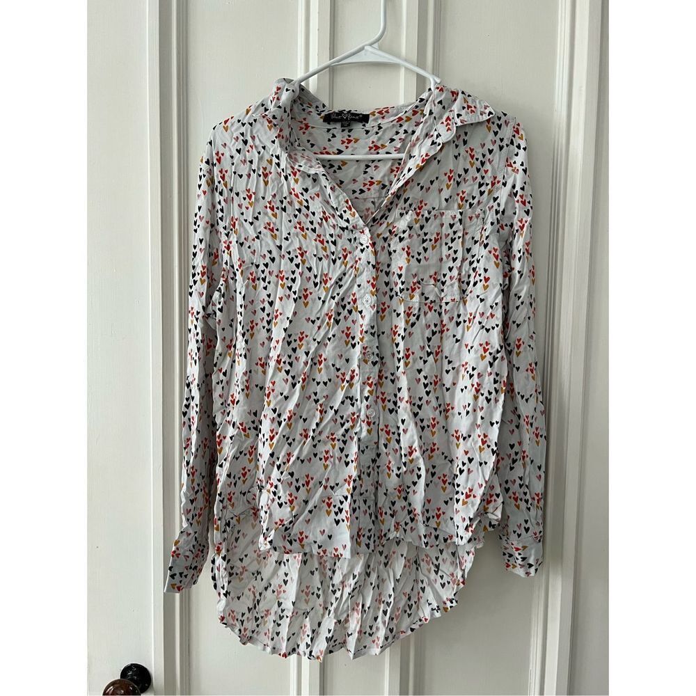 Velvet heart off white button Dow. Shirt with black pink gold and orange hearts